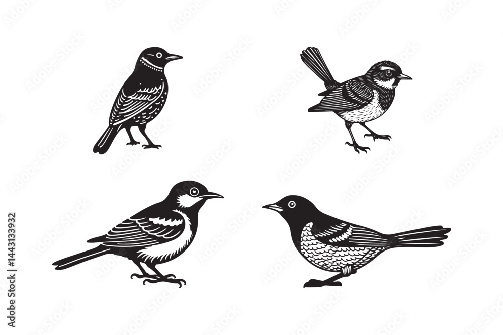 Fototapeta premium Vintage Bird Illustration Set Hand-Drawn Songbirds Silhouette Clipart Icons