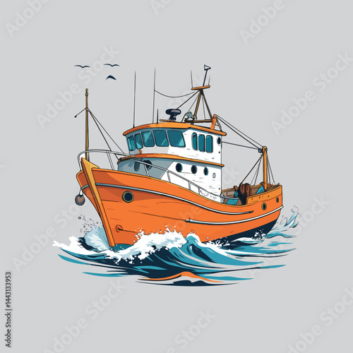  This vibrant orange fishing boat with its cheerful eyes and determined expression is on a mission to explore the vast ocean as it cuts through the waves, leaving a trail of splashes behind it dreams.