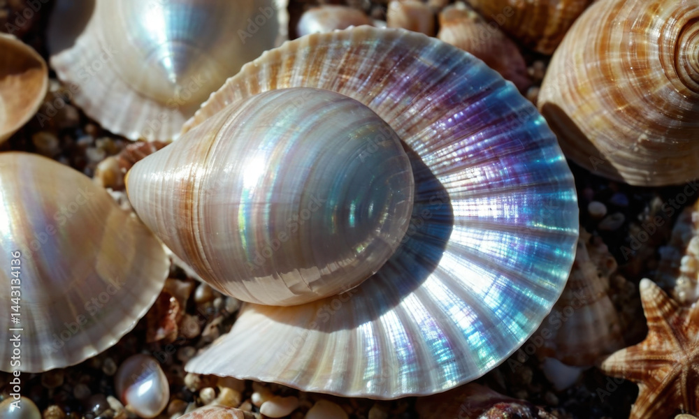 A close-up shot of various shells found on a sunny beach, perfect for use in travel or nature-themed projects
