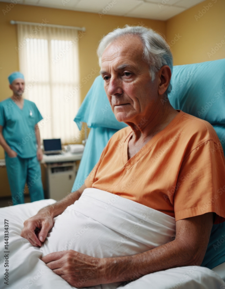 Obraz premium An older man lying in a hospital bed