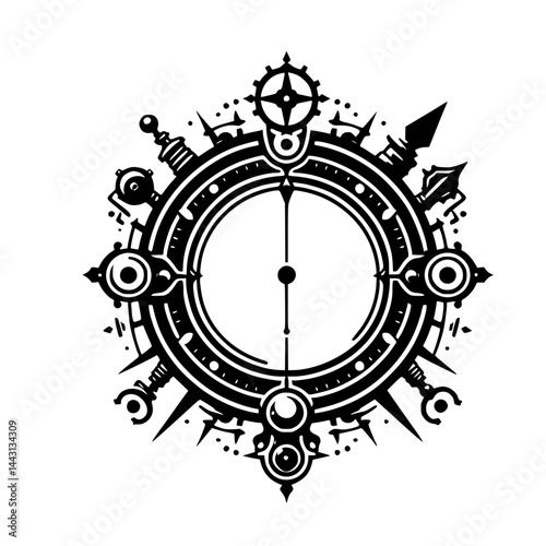 Intricate Steampunk Clockwork Emblem, Black & White, Geometric, Detailed Design