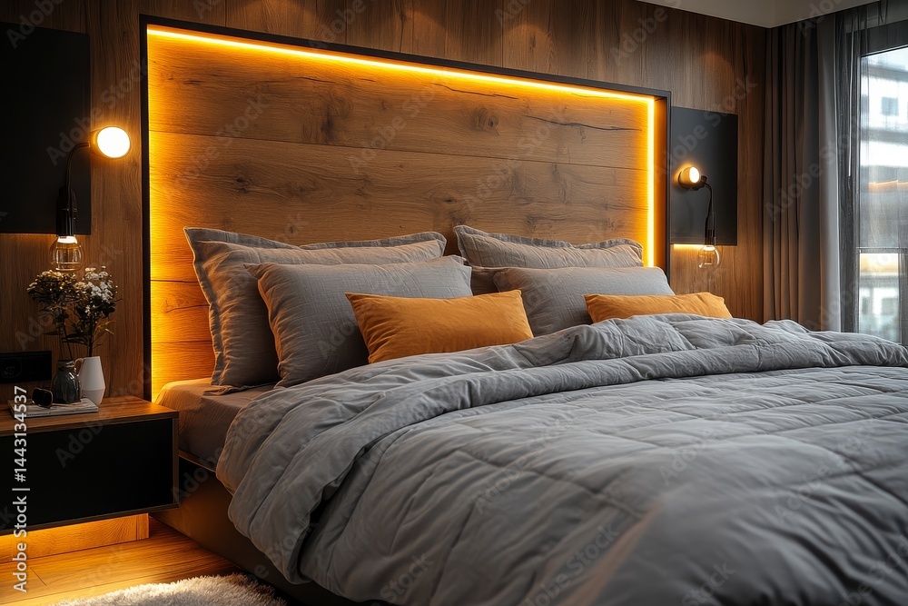 Fototapeta premium Modern solid wood bed headboard with black frame and white backlight on dark oak, featuring gray and beige bedding and a bedside table in a close-up view.