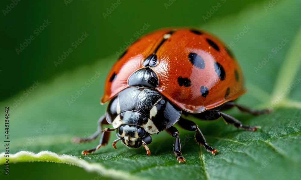 A ladybug sits on the edge of a green leaf, showcasing its distinctive coloration and pattern A ladybug sits on the edge of a green leaf, showcasing its distinctive coloration and pattern