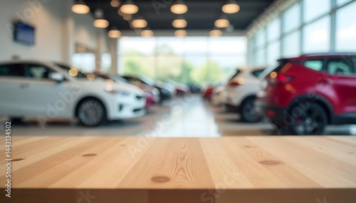 Empty wood table top with cars in a showroom car dealership blurred defocused background for product display montage, created with generative ai
