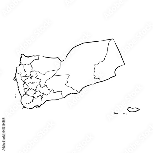 Minimalist black and white outline map of Yemen with internal region borders, simple vector illustration for geography, education, and design use