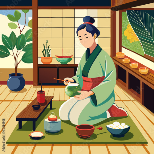 A woman in a kimono is sitting on the floor in a room with a potted plant and a vase. She is making tea in a green tea pot