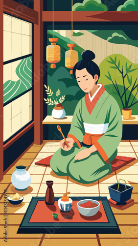 A woman in a kimono is sitting on the floor in a room with a potted plant and a vase. She is making tea in a green tea pot