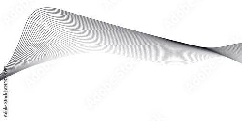 Create a vector illustration of a smooth, black and white abstract wave pattern. The wave should feature thin mesh lines with a gradient fade effect, forming a flowing and curved shape on a white back