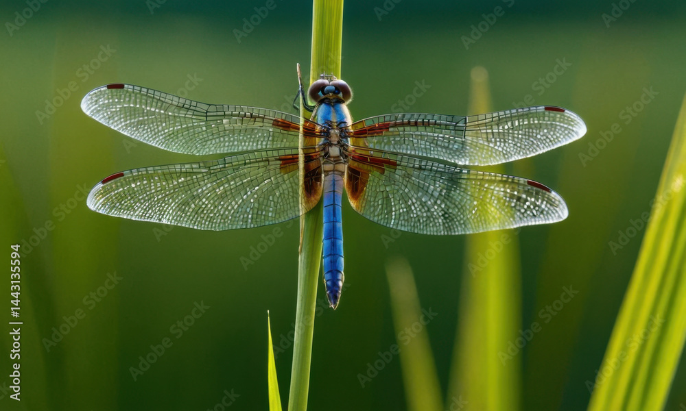 A dragonfly perches on the tip of a single grass blade, highlighting its delicate beauty