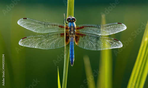 Obraz na płótnie A dragonfly perches on the tip of a single grass blade, highlighting its delicate beauty w salonie