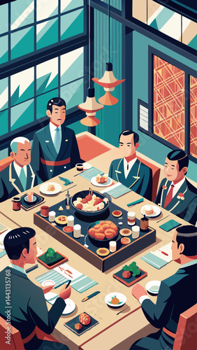 A group of men are sitting at a long table with a man in a suit standing in front of them