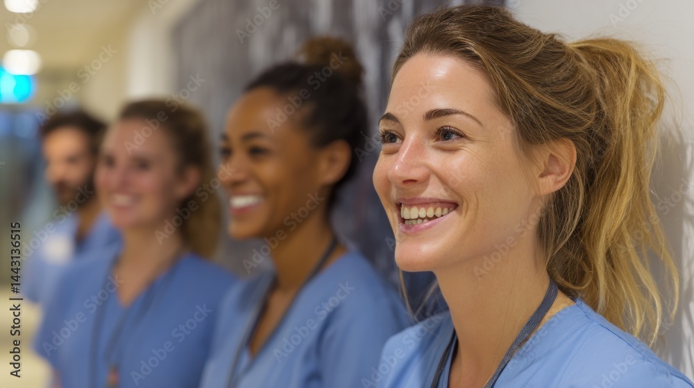 Smiling nurses in blue uniforms representing teamwork and positivity in healthcare setting Smiling nurses in blue uniforms representing teamwork and positivity in healthcare setting