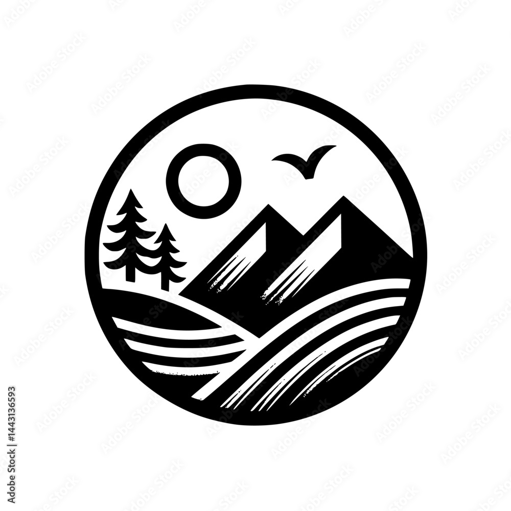 Minimalist Mountain Landscape Logo Design in Circle Minimalist Mountain Landscape Logo Design in Circle