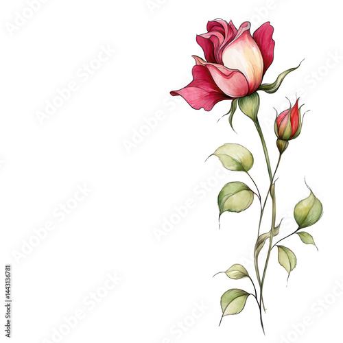 Elegant red rose with bud illustration on a white background blooms beautifully.