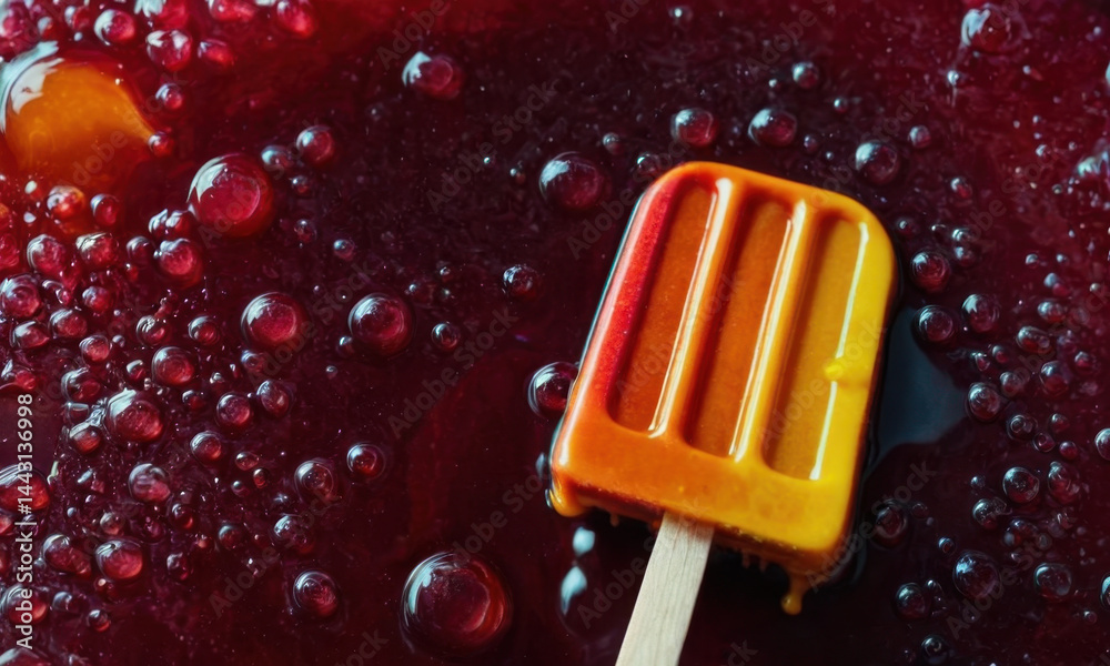 A popsicle sits on top of a bright red liquid, possibly ketchup or paint