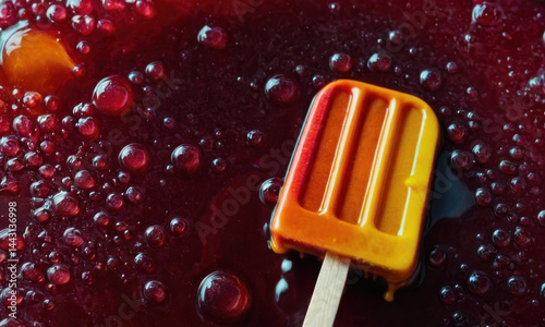 A popsicle sits on top of a bright red liquid, possibly ketchup or paint