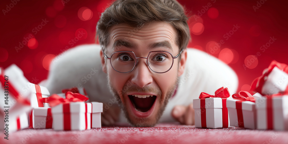 Begeisterter junger Mann mit Brille blickt überrascht auf weiße Geschenkboxen mit roten Schleifen auf rotem Hintergrund.