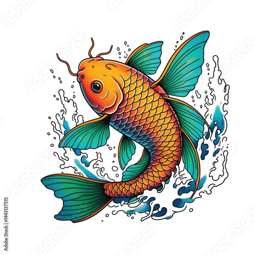 Elegant Koi Fish Illustration – Vibrant Gradient Colors, Flowing Fins, and Water Elements in Modern Tattoo Style

