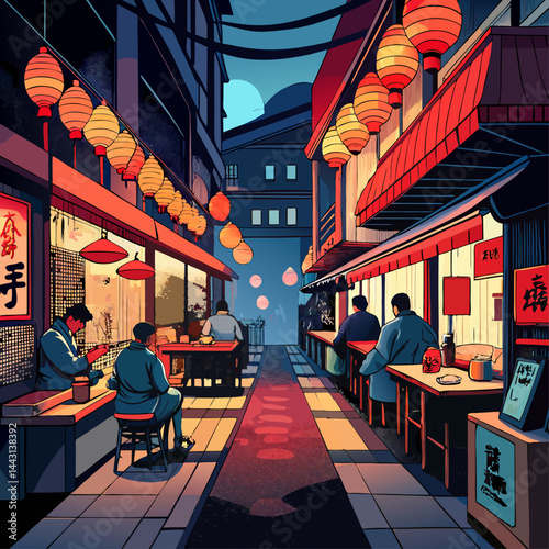 A quiet and tranquil street scene with lanterns hanging overhead, creating a warm and inviting atmosphere. There are several people sitting at tables, enjoying their meals and conversations