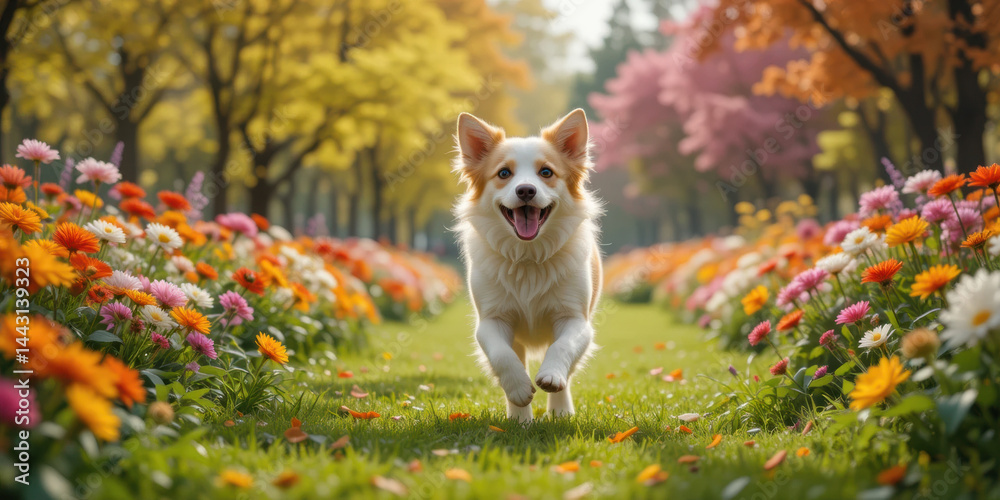 Happy dog runs through vibrant flower garden filled with colorful blooms, creating joyful and lively atmosphere