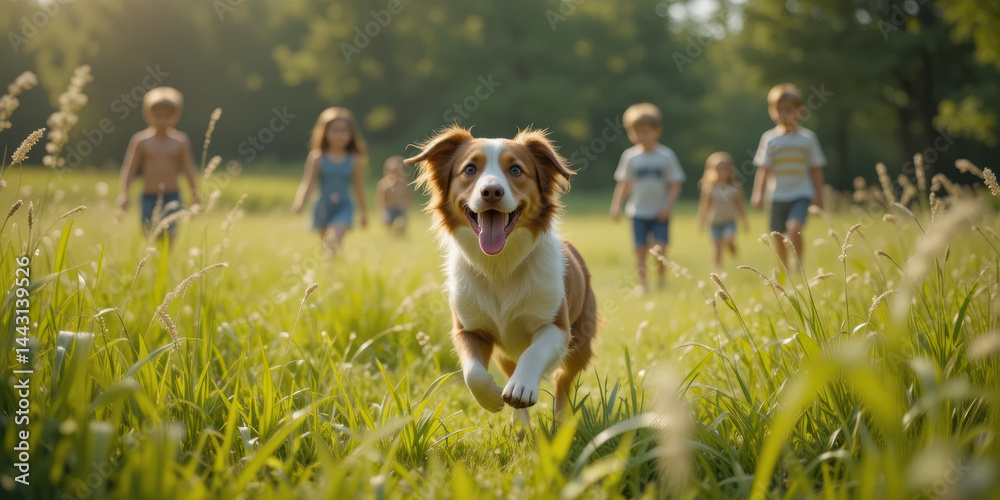 Joyful dog runs through lush green field while children play in background, creating lively and cheerful atmosphere