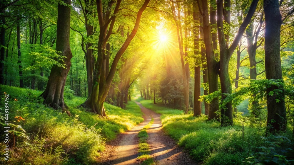 Fototapeta premium Sunlit Forest Path: Enchanting Nature Trail Stock Photo