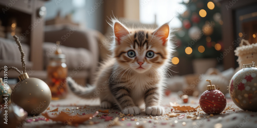 Playful kitten with striking blue eyes explores cozy living room decorated for holidays, surrounded by colorful ornaments