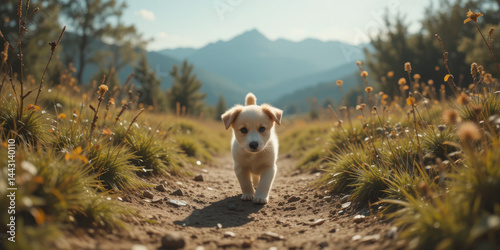 Obraz na płótnie Playful puppy walks along dirt path surrounded by wildflowers and mountains, evoking sense of joy and adventure w salonie