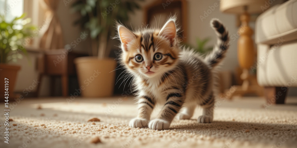 Playful kitten with striking stripes explores cozy living room filled with plants and warm light, evoking sense of joy