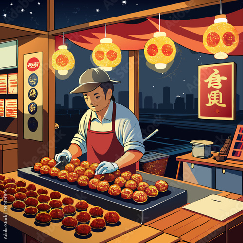 A man is making doughnuts in a shop with a sign that says "Beverage". The shop is lit up with lights and there are many doughnuts on display