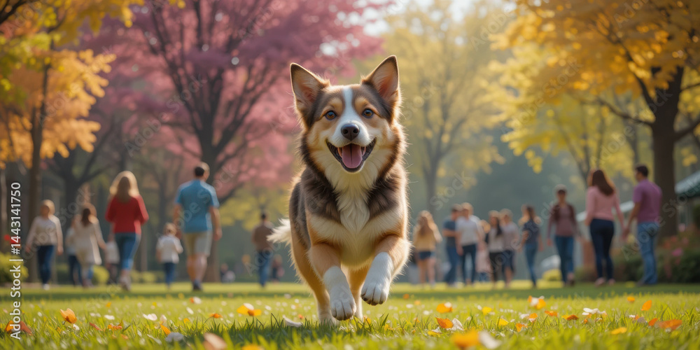 Happy dog runs through vibrant park filled with colorful autumn leaves and people enjoying day
