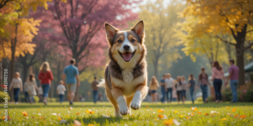 Obraz na płótnie Happy dog runs through vibrant park filled with colorful autumn leaves and people enjoying day w salonie