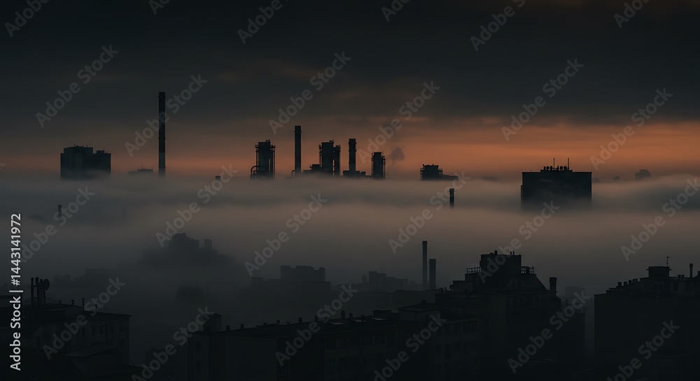 City Skyline Emerging Through Dense Fog at Dusk in a Dark Tone City Skyline Emerging Through Dense Fog at Dusk in a Dark Tone