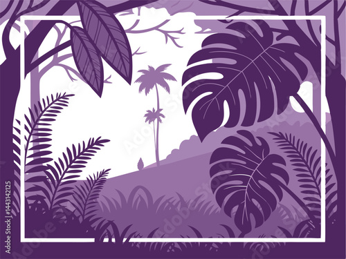 Dreamy Purple Jungle Silhouette with Tropical Plants and Palm Trees 