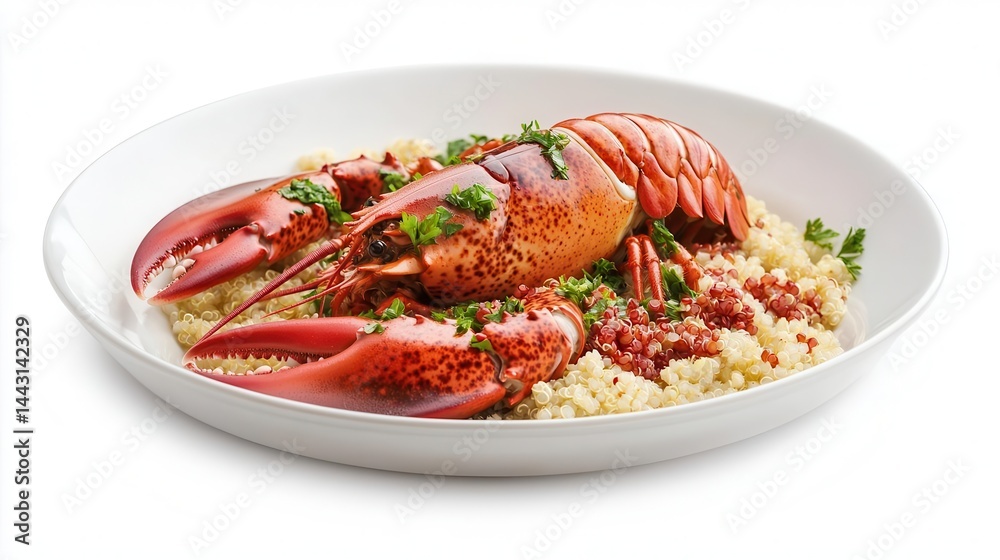 Freshly caught organic lobster with garlic butter sauce, served with quinoa pilaf Freshly caught organic lobster with garlic butter sauce, served with quinoa pilaf