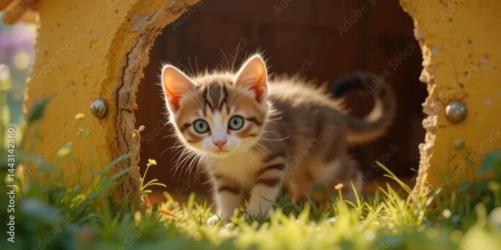 Playful kitten explores colorful outdoor environment, showcasing its curious nature and vibrant fur