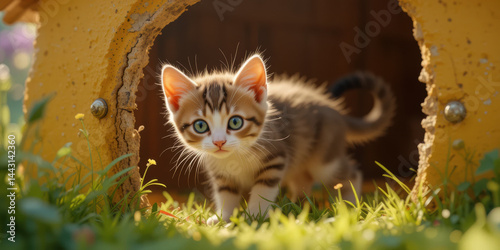 Obraz na płótnie Playful kitten explores colorful outdoor environment, showcasing its curious nature and vibrant fur w salonie