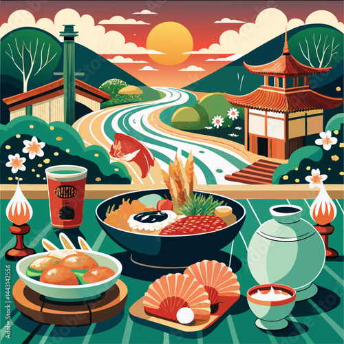 A painting of a Japanese village with a large pot of food on a table. The painting has a serene and peaceful mood, with the mountains in the background and the water in the foreground