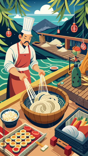 A man is cooking noodles in a bowl. The scene is set in a kitchen with a table and chairs. There are several bowls and spoons on the table. The man is wearing a chef's hat and is focused on his task
