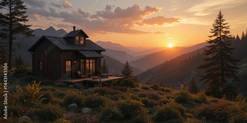 Cozy wooden house nestled mountainous landscape during sunset, surrounded by lush greenery and blooming flowers, evokes sense