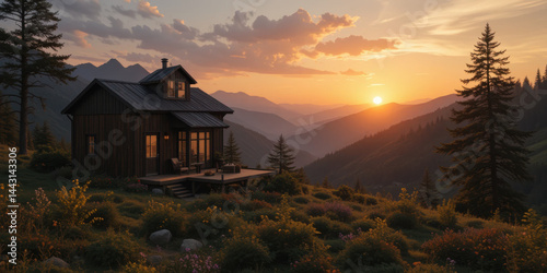 Obraz na płótnie Cozy wooden house nestled mountainous landscape during sunset, surrounded by lush greenery and blooming flowers, evokes sense w salonie