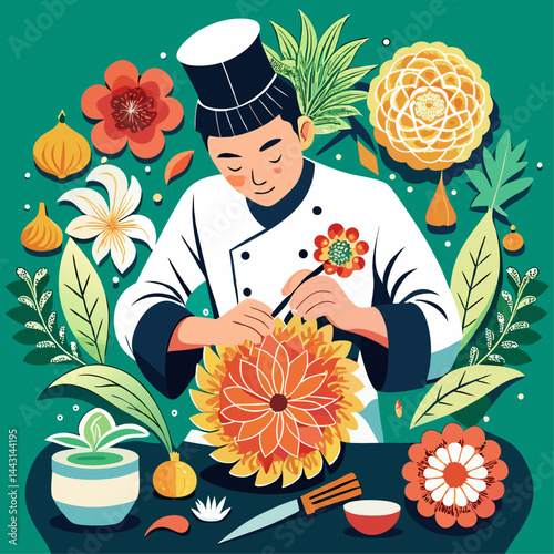 A man is cutting a pineapple on a table with a bunch of flowers. The man is wearing a white chef's outfit