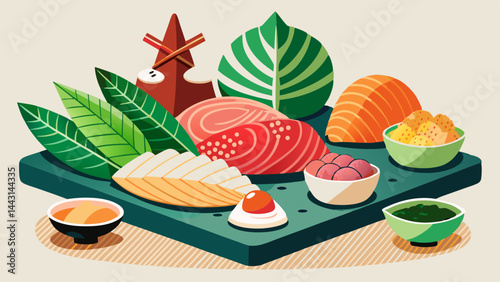 A colorful plate of food with a variety of sushi and other dishes. The plate is arranged in a way that makes it look like a work of art