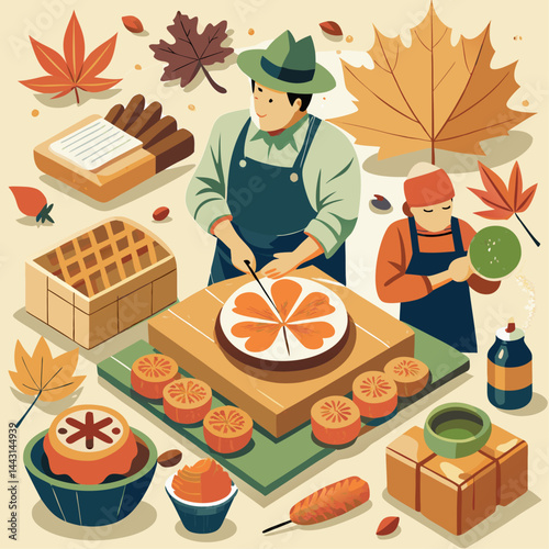 A man is cutting a pie on a table with a variety of food items around him. The scene is set in a kitchen with a man wearing a hat and apron