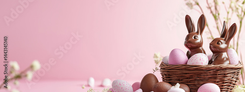 Festive Easter composition featuring two chocolate bunnies in a wicker basket with colorful speckled eggs and straw against a soft pink background.