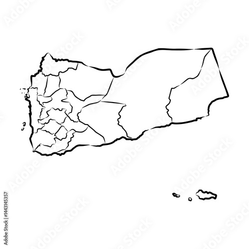 Minimalist black and white outline map of Yemen with internal region borders, simple vector illustration for geography, education, and design use