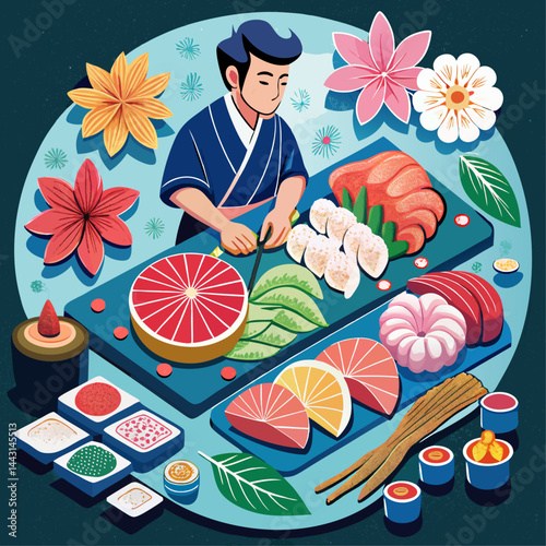 A man is cutting up food on a table with a variety of fruits and vegetables. The table is surrounded by many different condiments and utensils. Scene is that of a busy and bustling kitchen