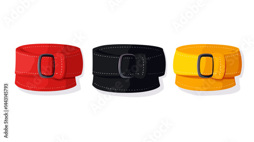 Three Belts in Red Black and Yellow on White Background