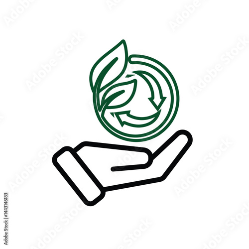 recycle icon. sustainability symbol with plants in hand. reuse, eco, used goods, green energy web icon. line design style