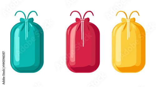 Three Colorful Drawstring Bags Pixel Art Illustration